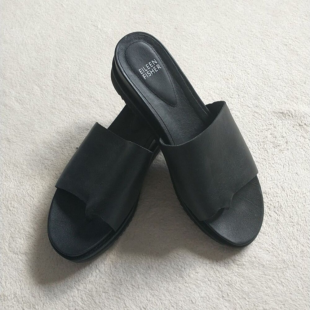 New*Eileen Fisher Sandals Womens 9.5 Black Touch Platform Thong Toe Post Comfort